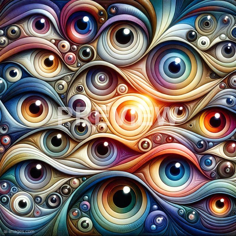 The image features an abstract composition filled with numerous eye-like shapes in various sizes, layered and intertwined with flowing, ribbon-like textures. The eyes are rendered in a vibrant spectrum of colors, including blues, oranges, reds, purples, and greens, with some glowing or illuminated, creating a surreal, mesmerizing visual effect. The overall pattern is dynamic and dense, evoking a sense of depth and complexity, with a warm glow emanating from the central area.